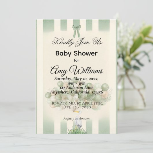 Sage Green Stork Baby Shower Invitation | Neutral  招待状 (スタンド正面)