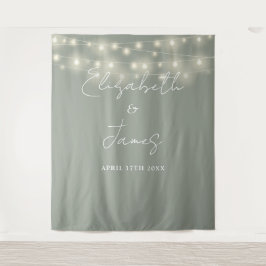 Sage Green String Lightsの写真結婚の背景 タペストリー