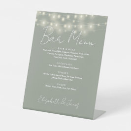 Sage Green String Lightsスクリプトエレガントバーメニュー 台座サイン