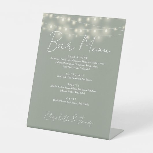 Sage Green String Lightsスクリプトエレガントバーメニュー 台座サイン (正面)