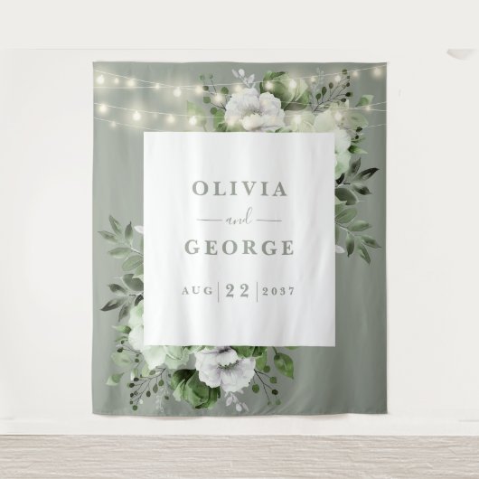 Sage Green String Lightsフローラ背景 タペストリー (正面)