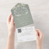 Sage Green String LightsフローラQRコード結婚s オールインワン招待状 (貼ってはがせる)