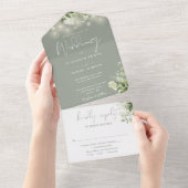 Sage Green String Lights Greenery Monogram 結婚's オールインワン招待状 (貼ってはがせる)