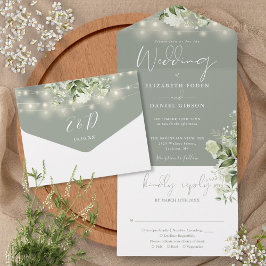 Sage Green String Lights Greenery Monogram 結婚's オールインワン招待状