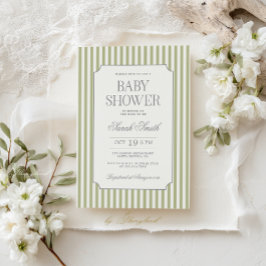 Sage Green Stripe Baby Shower Invitation 招待状