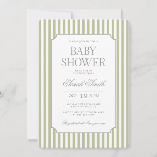 Sage Green Stripe Baby Shower Invitation 招待状 (正面)