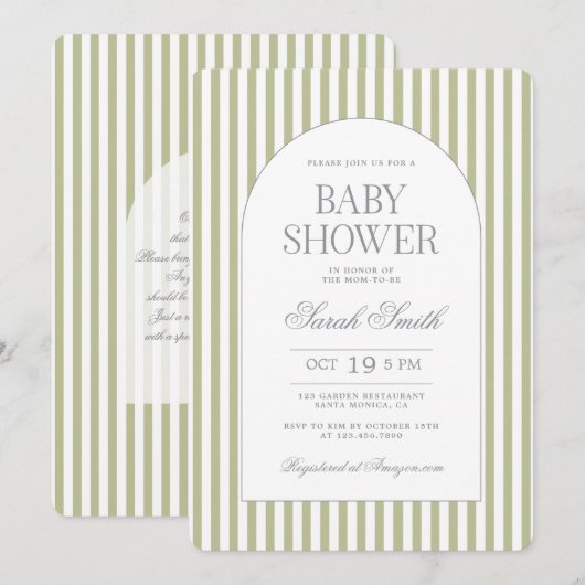 Sage Green Stripe Baby Shower Invitation 招待状 (正面/裏面)