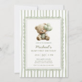 Sage Green Stripe Beary First Birthday  招待状 (正面)