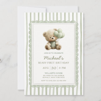 Sage Green Stripe Beary First Birthday  招待状
