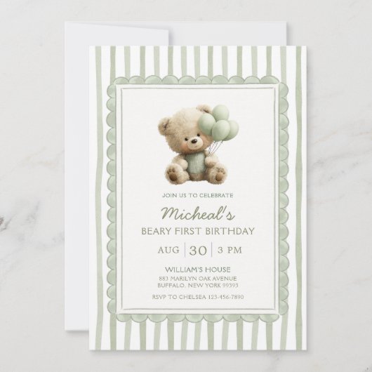 Sage Green Stripe Beary First Birthday  招待状 (正面)