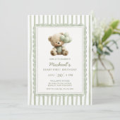 Sage Green Stripe Beary First Birthday  招待状 (スタンド正面)