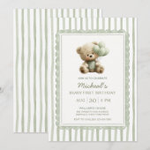 Sage Green Stripe Beary First Birthday  招待状 (正面/裏面)