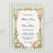Sage Green Stripe Cherub Floral Arch Wedding 招待状 (正面/裏面)
