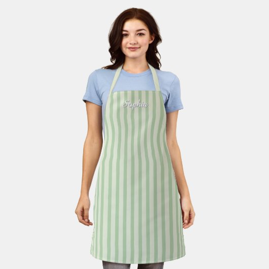 Sage Green Stripe Women's Custom Apron エプロン (着用した状態)