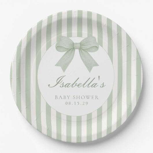 Sage Green Striped Baby Shower  ペーパープレート (正面)