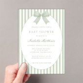Sage Green Striped Baby Shower Invitation with Bow アクリル招待状 (インサイチュ (ポータブル))