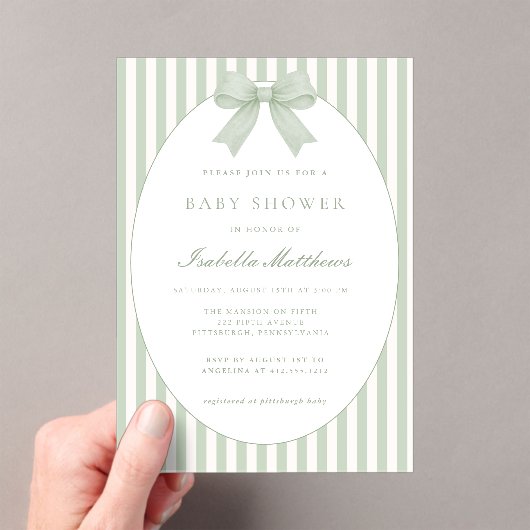 Sage Green Striped Baby Shower Invitation with Bow アクリル招待状 (インサイチュ (ポータブル))