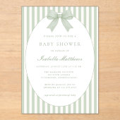 Sage Green Striped Baby Shower Invitation with Bow アクリル招待状 (正面)