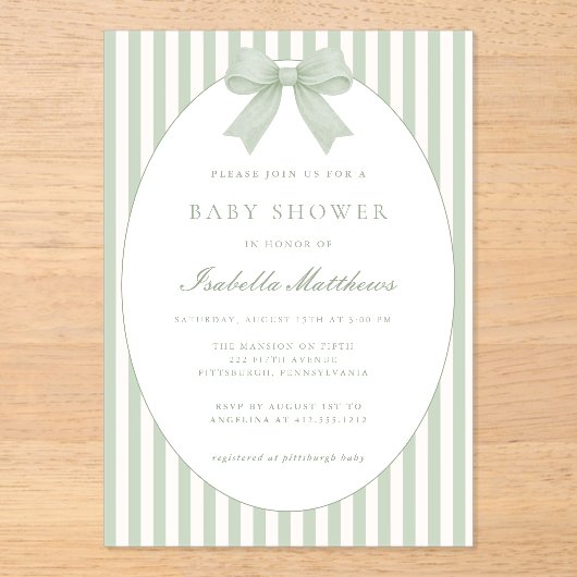 Sage Green Striped Baby Shower Invitation with Bow アクリル招待状 (正面)