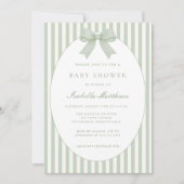 Sage Green Striped Baby Shower Invitation with Bow 招待状 (正面)