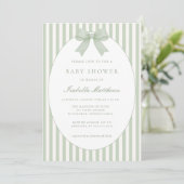 Sage Green Striped Baby Shower Invitation with Bow 招待状 (スタンド正面)
