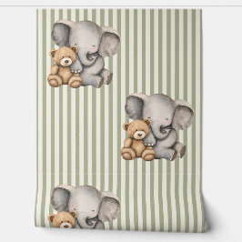 Sage Green Striped Elephant and Teddy Bear  壁紙