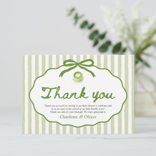 Sage Green Striped Frame Bow Matcha Thank you card 招待状 (スタンド正面)