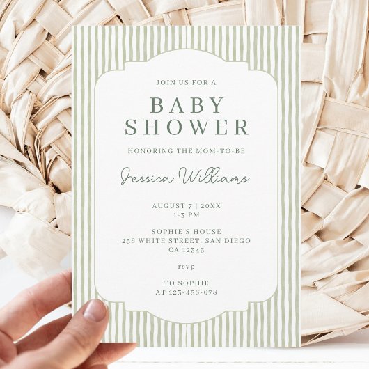 Sage Green Striped Gender Neutral Baby Shower 招待状