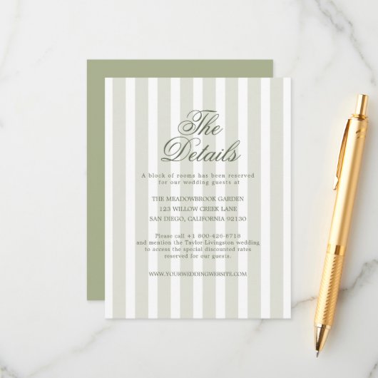 Sage Green Striped Wedding Details Card エンクロージャーカード (正面/裏面インサイチュ)