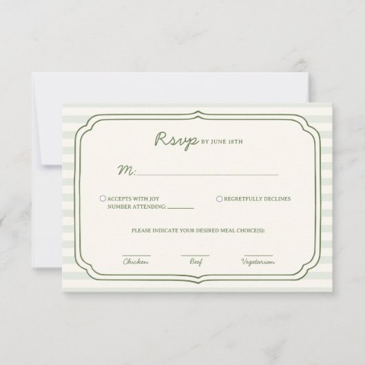 Sage Green Striped Wedding RSVP Card  (正面)
