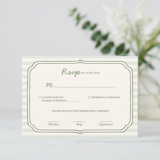 Sage Green Striped Wedding RSVP Card  (スタンド正面)