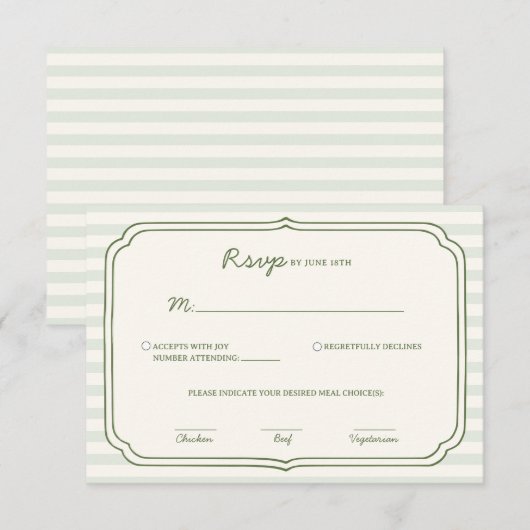 Sage Green Striped Wedding RSVP Card  (正面/裏面)