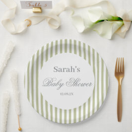 Sage Green Stripes Baby Shower ペーパープレート