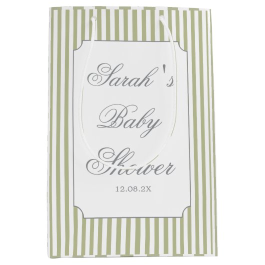 Sage Green Stripes Baby Shower  ミディアムペーパーバッグ (正面)