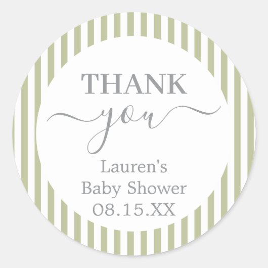 Sage Green Stripes Baby Shower Round Sticker ラウンドシール (正面)