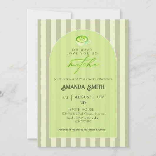 Sage Green Stripes Love You So Matcha Baby Shower 招待状 (正面)