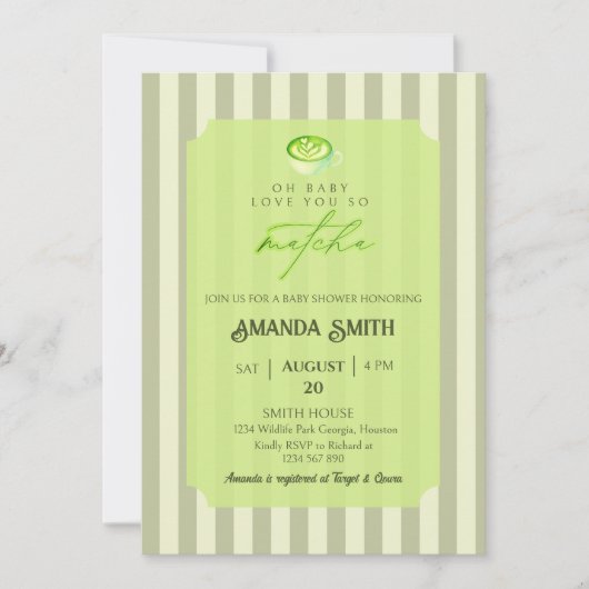Sage Green Stripes Love You So Matcha Baby Shower 招待状 (正面)