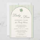 Sage Green Stripes Lucky in Love Bridal Shower 招待状 (正面)
