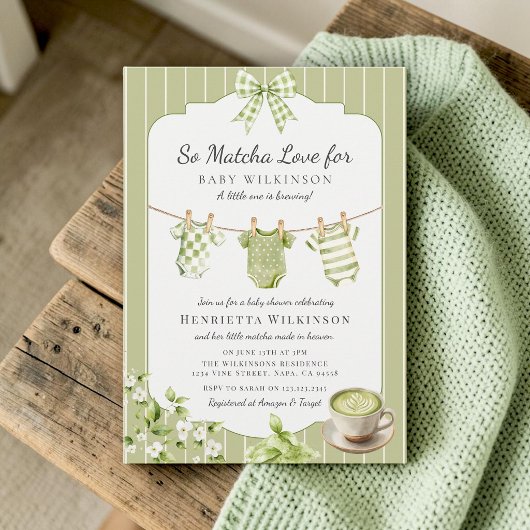 Sage Green Stripes "So Matcha Love" ベビーシャワー 招待状