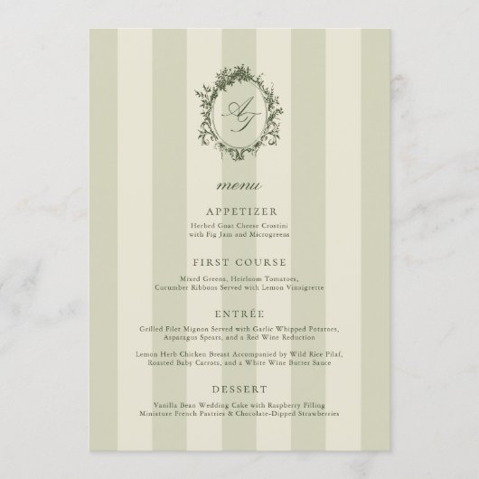 Sage Green Stripes Wedding Menu メニュー (正面)