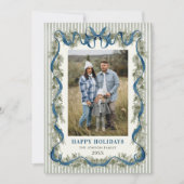 Sage Green Stripped Blue Bow Christmas 2 Photo シーズンカード (正面)