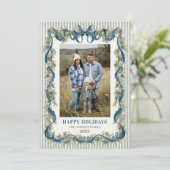 Sage Green Stripped Blue Bow Christmas 2 Photo シーズンカード (スタンド正面)