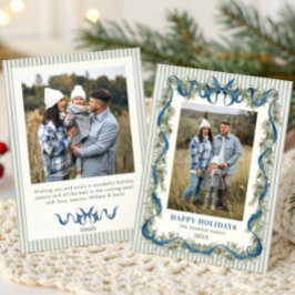 Sage Green Stripped Blue Bow Christmas 2 Photo シーズンカード