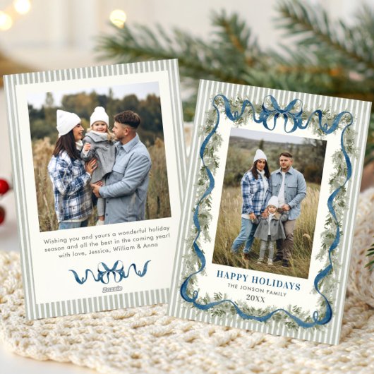 Sage Green Stripped Blue Bow Christmas 2 Photo シーズンカード