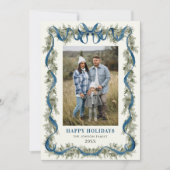 Sage Green Stripped Blue Bow Christmas 5 Photo シーズンカード (正面)