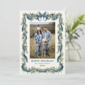 Sage Green Stripped Blue Bow Christmas 5 Photo シーズンカード (スタンド正面)