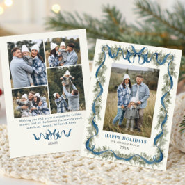 Sage Green Stripped Blue Bow Christmas 5 Photo シーズンカード