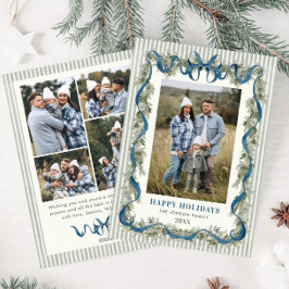 Sage Green Stripped Blue Bow Christmas 5 Photo シーズンカード