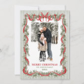 Sage Green Stripped Red Bow Christmas 5 Photo シーズンカード (正面)