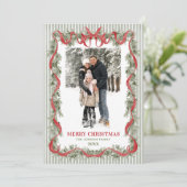 Sage Green Stripped Red Bow Christmas 5 Photo シーズンカード (スタンド正面)